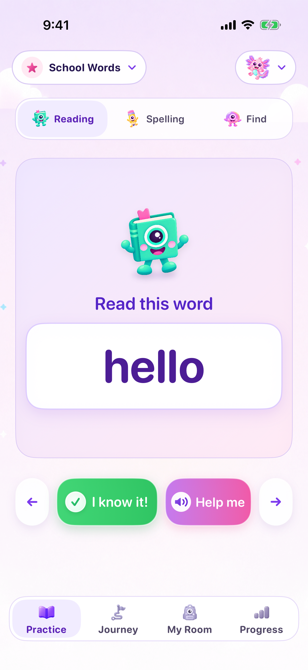 Reading practice with the Book character and the word hello