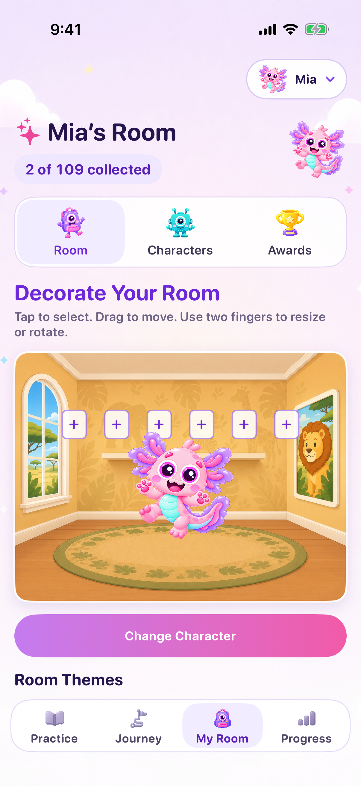 Mia’s Room with an axolotl character in a safari room